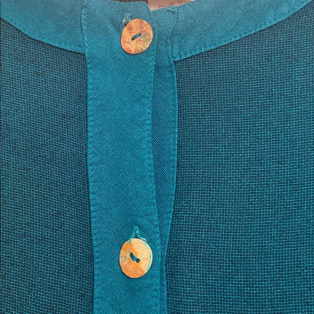 Unique Teal Button-Up Light Sweater from Moracco with Patterned Sleeves - Picture 3 of 6